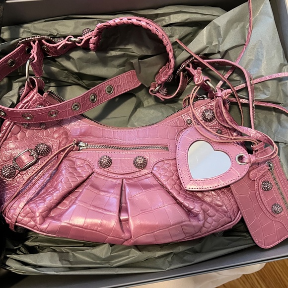 WOMEN'S LE CAGOLE METALLIC PINK SHOULDER BAG CROCODILE EMBOSSED WITH RHINESTONES - Picture 2 of 15